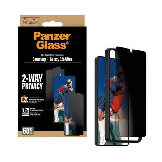 PanzerGlass® 2-Way Privacy Screen Protector Ultra-Wide Fit w. EasyAligner Samsung S26 Ultra