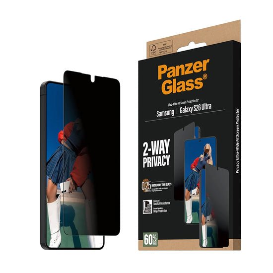 PanzerGlass® 2-Way Privacy Screen Protector Ultra-Wide Fit w. EasyAligner Samsung S26 Ultra
