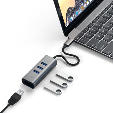 Type-C 2 in1 USB 3.0 Aluminium 3 Port Hub and Ethernet port Space Gray