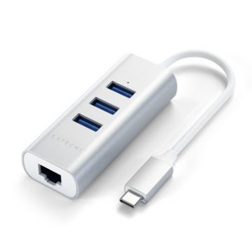 Type-C 2 in1 USB 3.0 Aluminium 3 Port Hub and Ethernet port Silver